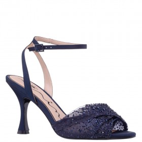  Dámske sandále Nina | Vida nové námornícke saténové sandále so sieťovinou a fazetovanými kryštálmi na vysokom podpätku s remienkom na členku